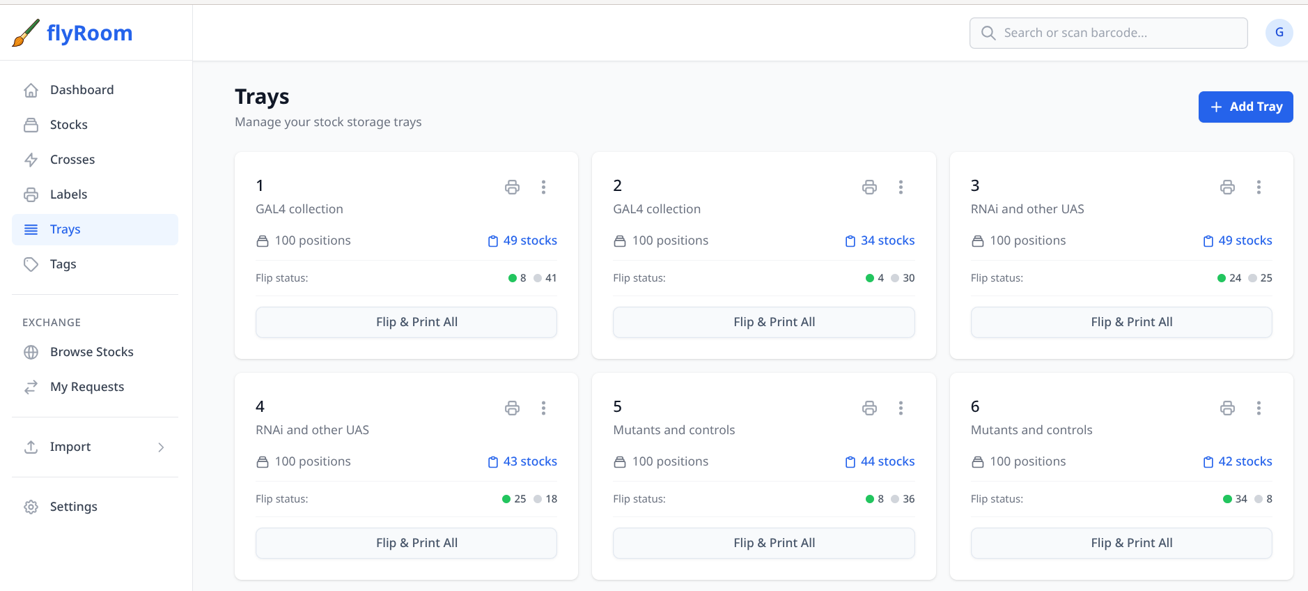 Tray management view